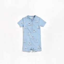 Petit Lem - Sailboats On Dusty Blue Short Sleeve Swim Romper