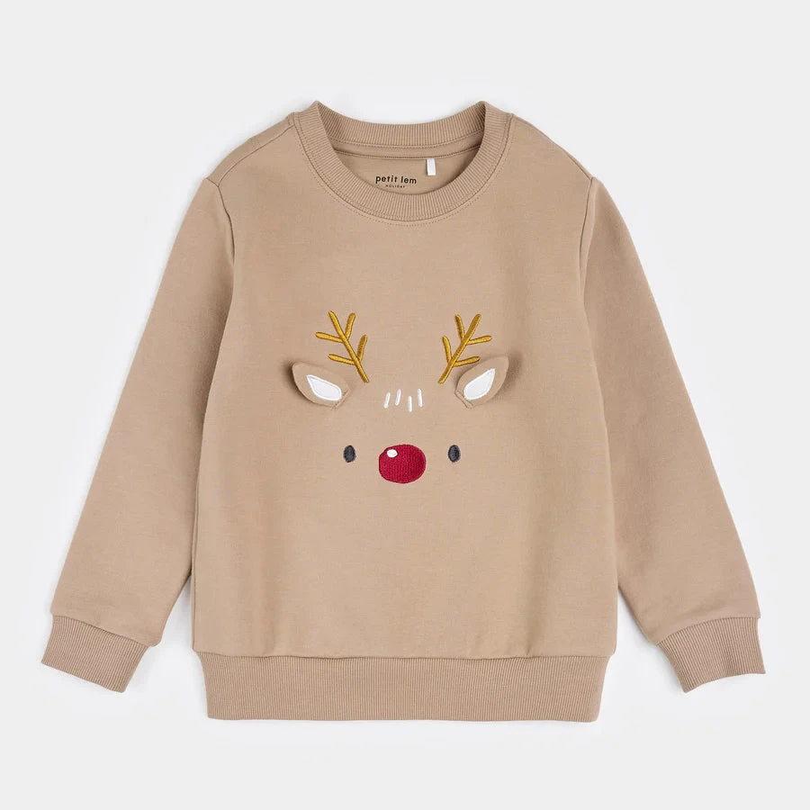 Petit Lem Little Reindeer On Taupe Fleece Sweatshirt | Sand 1 Petit Lem Little Reindeer On Taupe Fleece Sweatshirt | Sand
