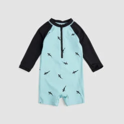 Miles The Label Sharks Print On Aqua Swim Romper