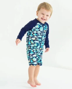 Rugged Butts Boy's Long Sleeve One Piece Rashguard- Fish Friends -Baby Go Round Store 2sw0324 00 p0537 blue fish long sleeve logo one piece rash guard 1