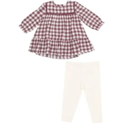 Angel Dear Gingham Plum Ladder Trim Dress With Ribbed Legging