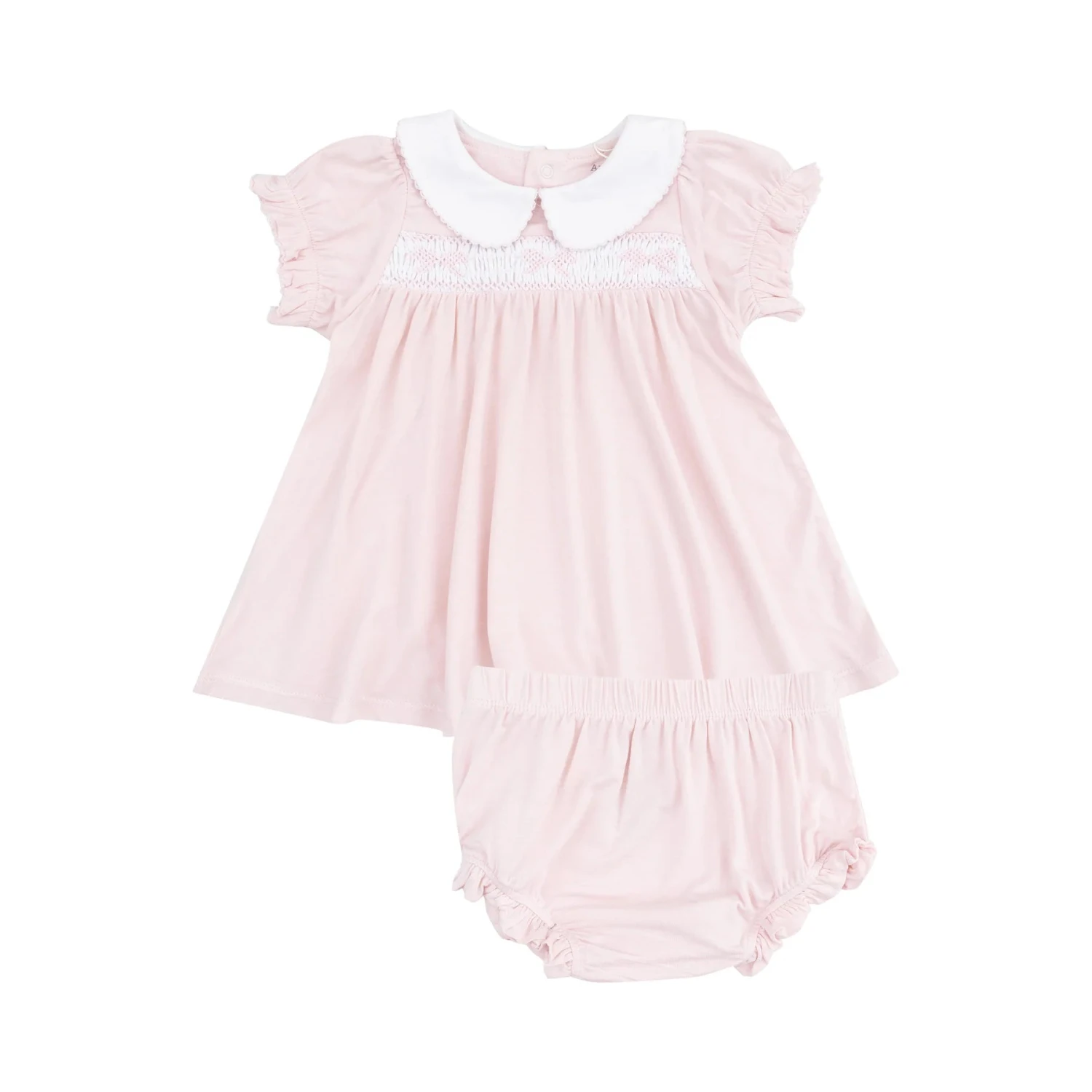 Angel Dear Solid Classic Pink Smocked Peterpan Collar Dress & Ruffle Leg Bloomer 1 Angel Dear Solid Classic Pink Smocked Peterpan Collar Dress & Ruffle Leg Bloomer