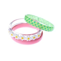 Lillies & Roses NY White+Pink Flowers+Green Print Bangle (set Of 3)