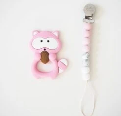 Loulou Lollipop Raccoon Teether With Holder Set -Baby Go Round Store Raccoon pink
