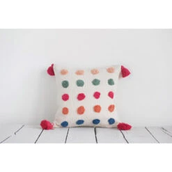 16" Square Woven Cotton Pillow W/ Tufted Dots & Tassels, Multi Color