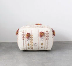 Square Cotton Embroidered Pouf W/ Applique & Fringe, Cream Color