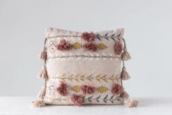20" Square Cotton Embroidered Pillow W/ Tassels & Applique, Pink