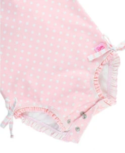 Ruffle Butts One Piece Rash Guard - Pink Polka Dot -Baby Go Round Store rgsppxx 1pps flat detail2 1 1