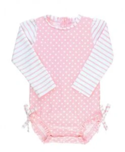 Ruffle Butts One Piece Rash Guard - Pink Polka Dot