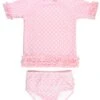 RuffleButts Pink Polka Dot Ruffled Rash Guard Bikini
