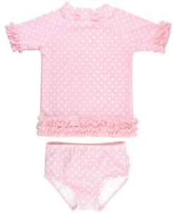RuffleButts Pink Polka Dot Ruffled Rash Guard Bikini