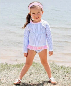 RuffleButts Periwinkle Blue Seersucker Long Sleeve Rash Guard Bikini -Baby Go Round Store rgsssxx pbls rufflebutts periwinkle seersucker long sleeve rash guard bikini